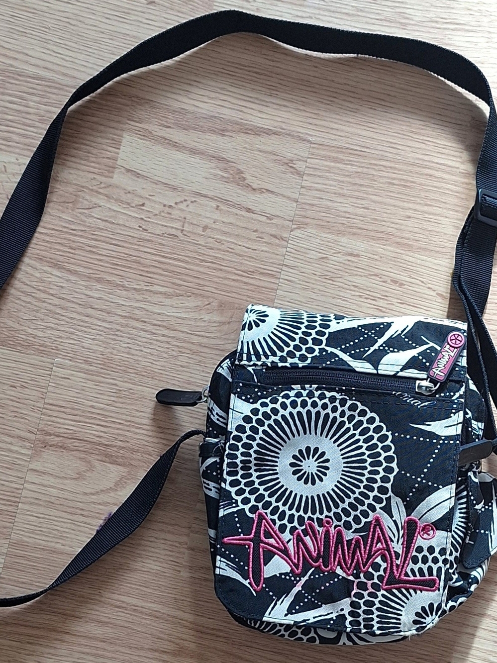 ANIMAL Black & White Floral Crossbody Bag with Pink Logo